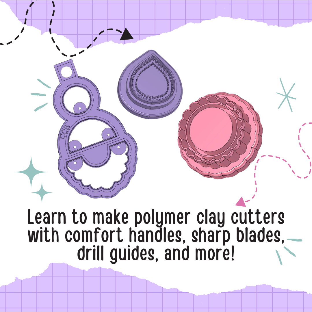 Picture of a polymer clay cutter with drill guides, comfort handles, and sharp blades. Picture says "earn to make polymer clay cutters with comfort handles, sharp blades, drill guides, and more!"