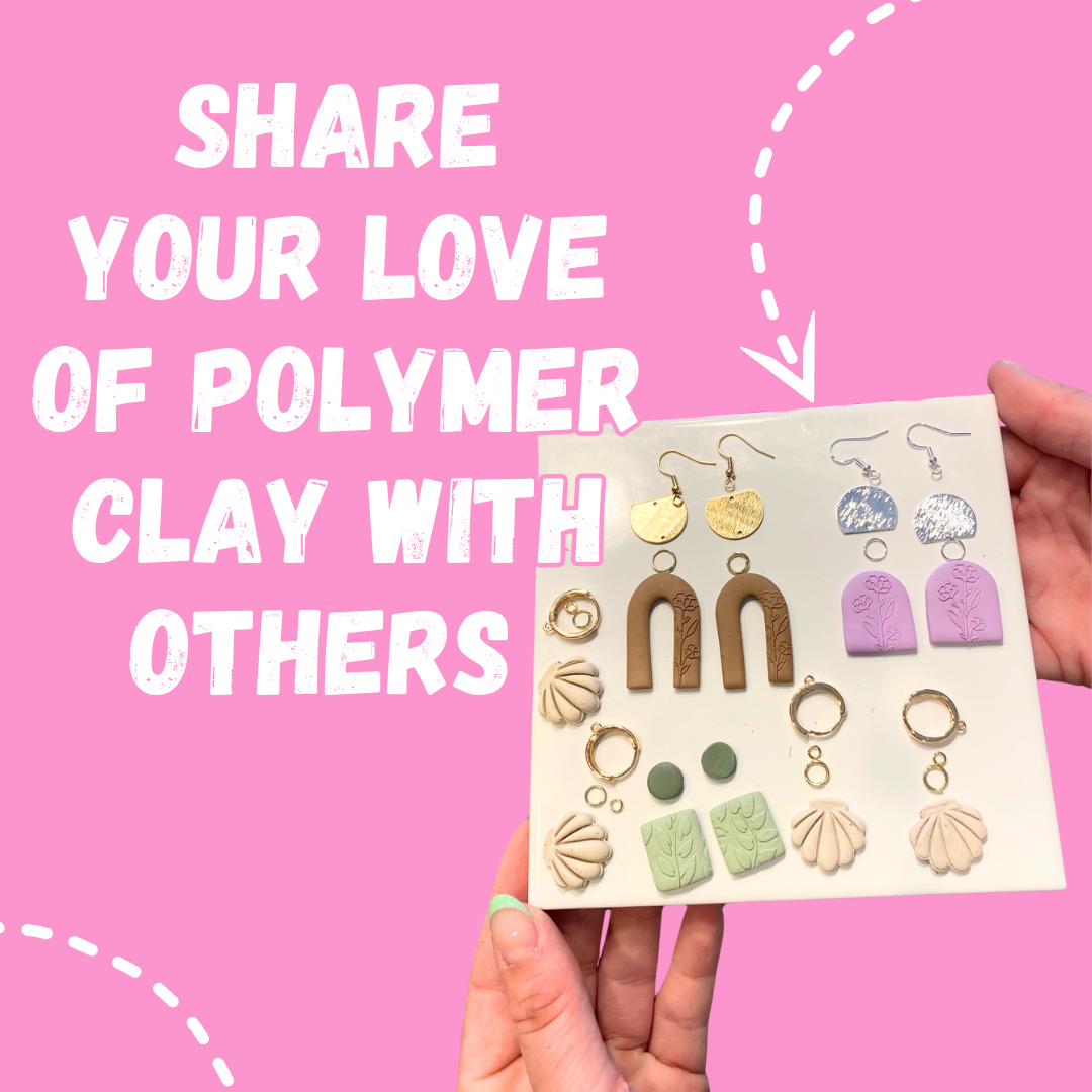 hands holding a tile with polymer clay jewelry pieces on it. Share your love of polymer clay with others